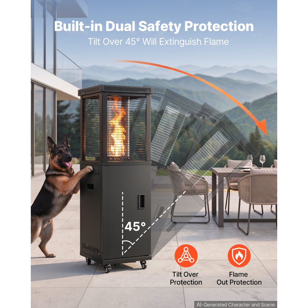 VEVOR 41000BTU Propane Patio Heater for Outdoor Use Portable with 2 Casters, for Party, Backyard, Home Garden, and Deck, Tip-Over Auto Shutoff, Stainless Steel Burner, Heats Up to 269 sq. ft., Black