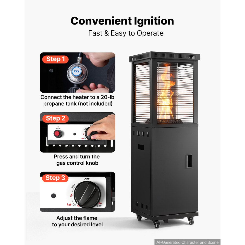 VEVOR 41000BTU Propane Patio Heater for Outdoor Use Portable with 2 Casters, for Party, Backyard, Home Garden, and Deck, Tip-Over Auto Shutoff, Stainless Steel Burner, Heats Up to 269 sq. ft., Black