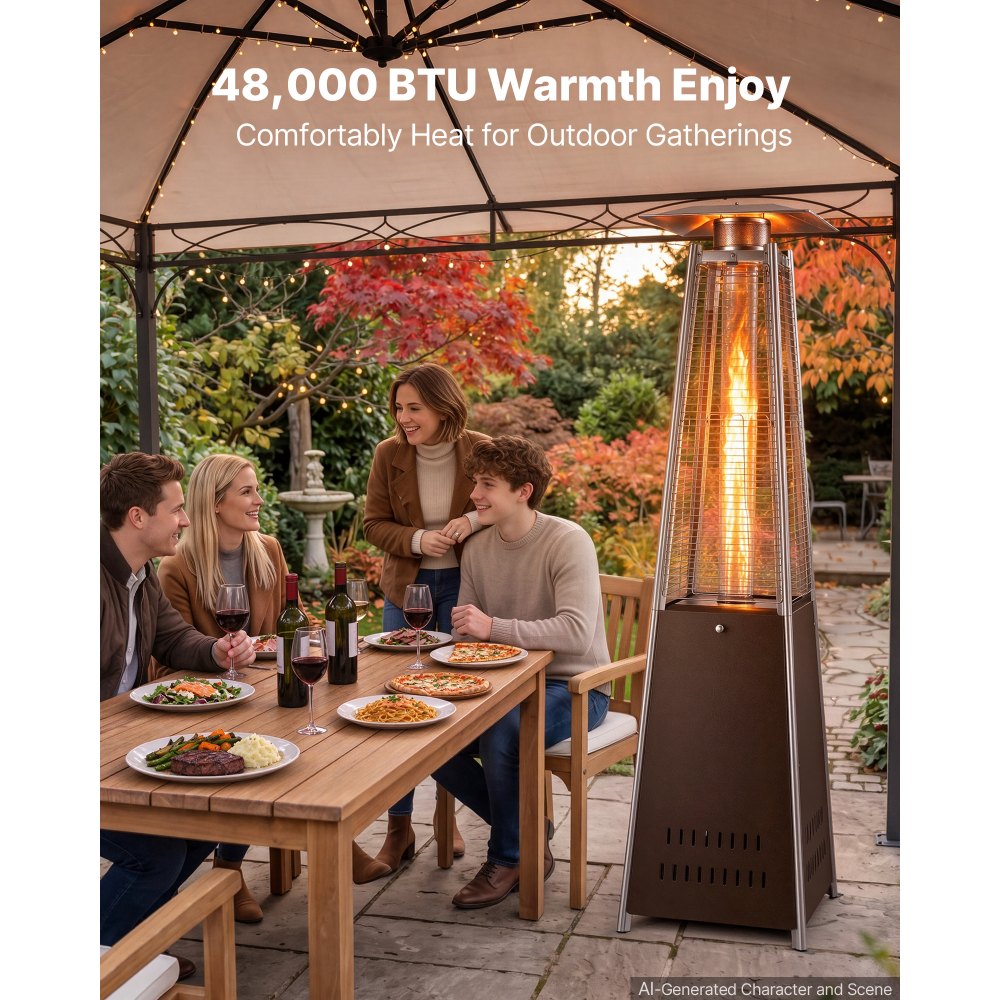 VEVOR 48000BTU Propane Patio Heater for Outdoor Use Portable with Wheels, for Party, Backyard, Home Garden, and Deck, Tip-Over Auto Shutoff, Stainless Steel Burner, Heats Up to 269 sq. ft., Bronze