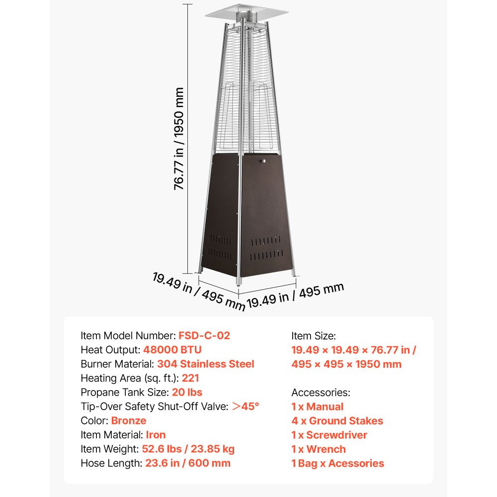 VEVOR 48000BTU Propane Patio Heater for Outdoor Use Portable with Wheels, for Party, Backyard, Home Garden, and Deck, Tip-Over Auto Shutoff, Stainless Steel Burner, Heats Up to 269 sq. ft., Bronze