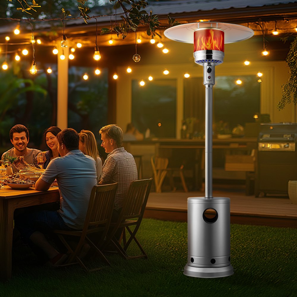 VEVOR Patio Heater for Outdoor Use, 50000BTU Propane Heater Tall Hammered With Round Table Design, Metal Burner and Wheels, Fixed Outdoor Patio Flame Heater for Patio, Party, Backyard, Garden, Silver