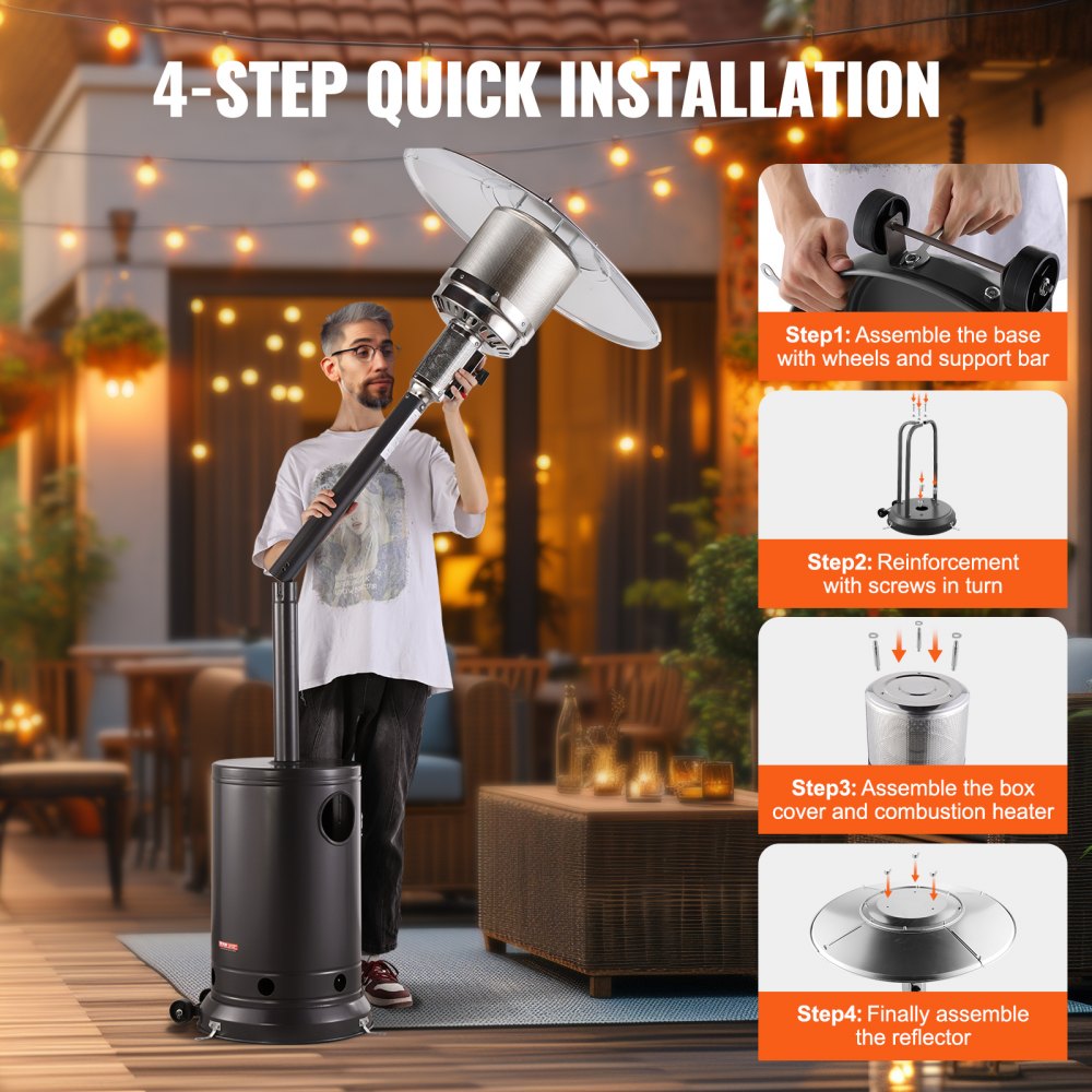 VEVOR Patio Heater for Outdoor Use, 50000BTU Propane Heater Tall Hammered With Round Table Design, Metal Burner and Wheels, Outdoor Patio Flame Heater for Patio, Party, Backyard, Garden, Silver Gray