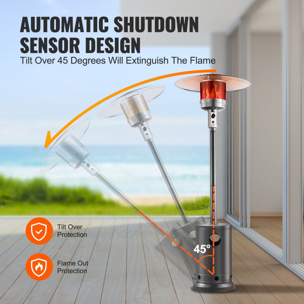VEVOR Patio Heater for Outdoor Use, 50000BTU Propane Heater Tall Hammered With Round Table Design, Metal Burner and Wheels, Outdoor Patio Flame Heater for Patio, Party, Backyard, Garden, Silver Gray