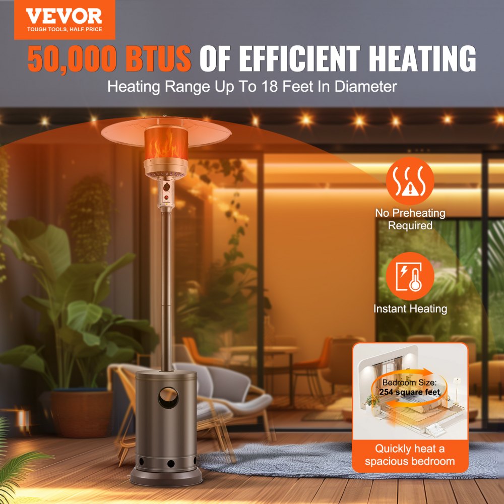 VEVOR Patio Heater for Outdoor Use, 50000BTU Propane Heater Tall Hammered With Round Table Design, Metal Burner and Wheels, Fixed Outdoor Patio Flame Heater for Patio, Party, Backyard, Garden, Bronze