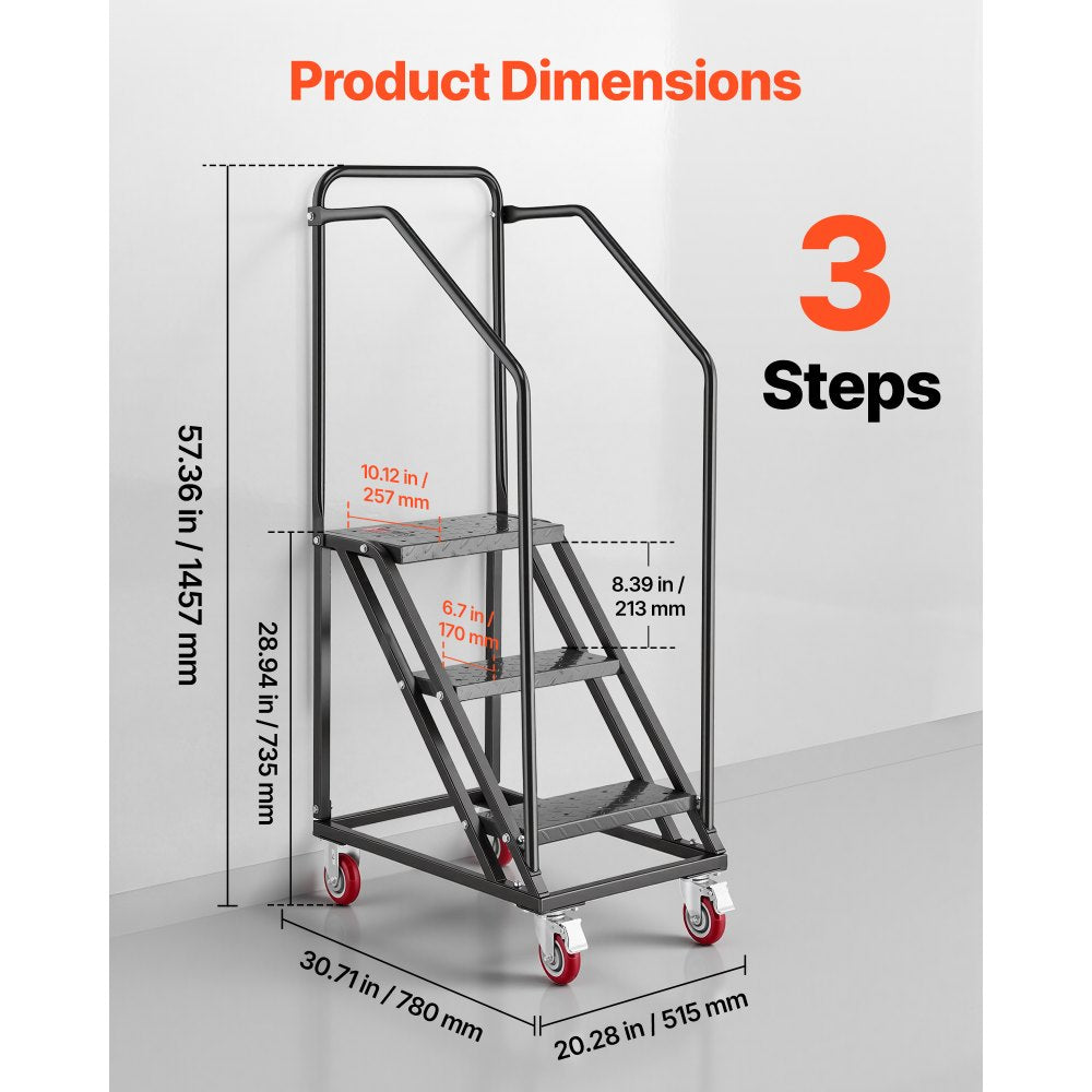 VEVOR 3-Step Rolling Warehouse Ladder, Industrial Alloy Steel Mobile Step Stair with Handrails, Non-Slip Perforated Steps & Locking Wheels, 450LBS Heavy Duty Platform Ladder for Garage Library