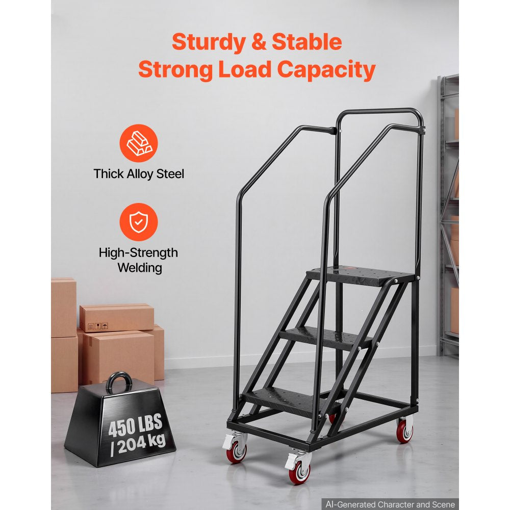 VEVOR 3-Step Rolling Warehouse Ladder, Industrial Alloy Steel Mobile Step Stair with Handrails, Non-Slip Perforated Steps & Locking Wheels, 450LBS Heavy Duty Platform Ladder for Garage Library