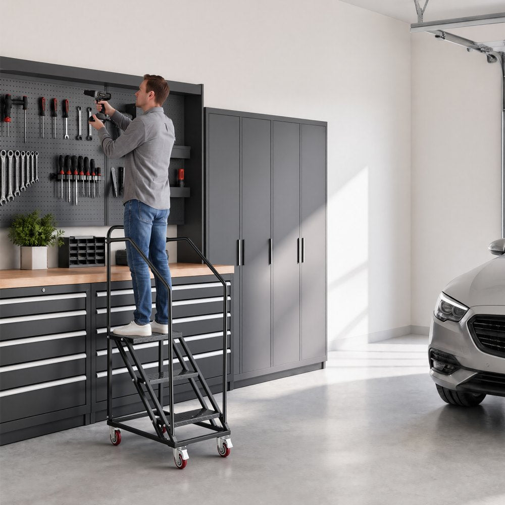 VEVOR 3-Step Rolling Warehouse Ladder, Industrial Alloy Steel Mobile Step Stair with Handrails, Non-Slip Perforated Steps & Locking Wheels, 450LBS Heavy Duty Platform Ladder for Garage Library