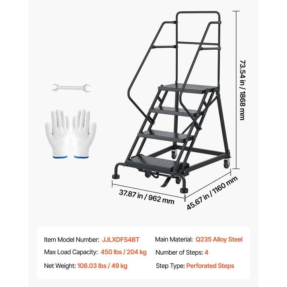 VEVOR 4-Step Rolling Warehouse Ladder, Industrial Alloy Steel Mobile Step Stair, with Handrails, Non-Slip Perforated Steps & Self-Locking Wheels, 450LBS Heavy Duty Platform Ladder for Garage Library