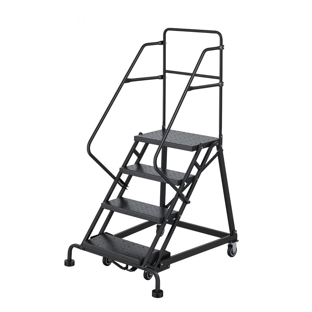 VEVOR 4-Step Rolling Warehouse Ladder, Industrial Alloy Steel Mobile Step Stair, with Handrails, Non-Slip Perforated Steps & Self-Locking Wheels, 450LBS Heavy Duty Platform Ladder for Garage Library