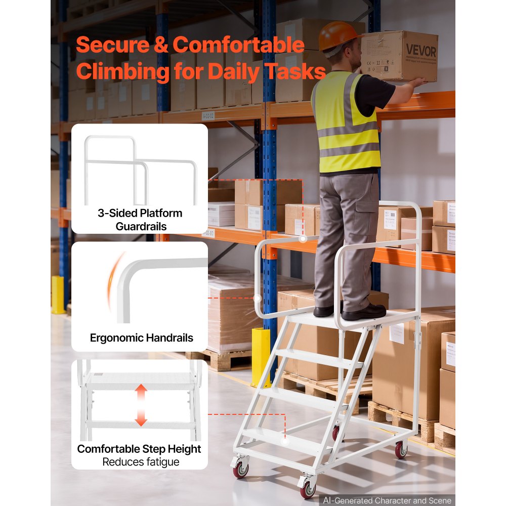 VEVOR 4-Step Rolling Warehouse Ladder, Industrial Alloy Steel Mobile Step Stair, with Handrails, Non-Slip Steps & Locking Wheels, 880LBS Capacity Heavy Duty Platform Ladder for Garage Library Factory