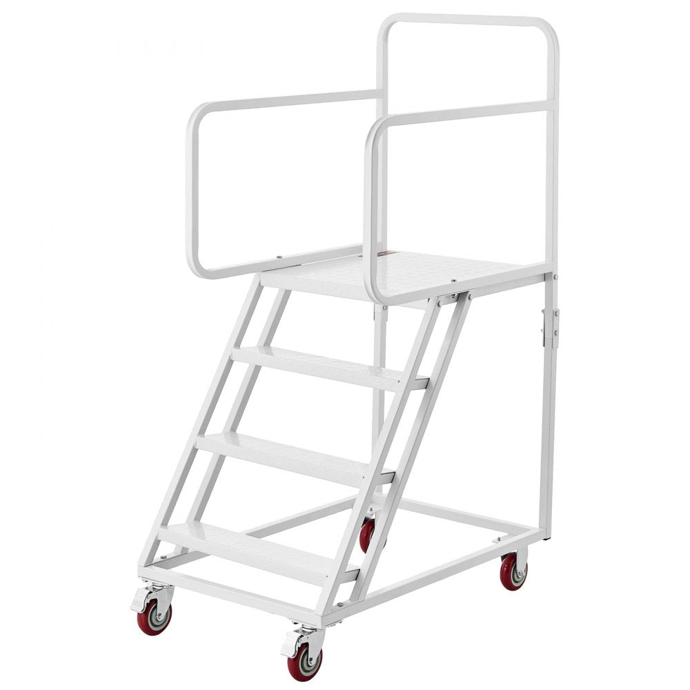 VEVOR 4-Step Rolling Warehouse Ladder, Industrial Alloy Steel Mobile Step Stair, with Handrails, Non-Slip Steps & Locking Wheels, 880LBS Capacity Heavy Duty Platform Ladder for Garage Library Factory