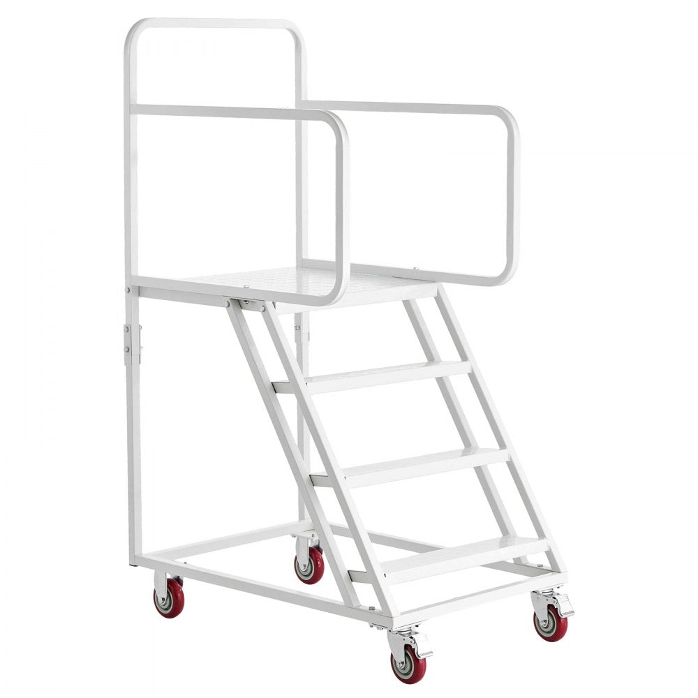 VEVOR 4-Step Rolling Warehouse Ladder, Industrial Alloy Steel Mobile Step Stair, with Handrails, Non-Slip Steps & Locking Wheels, 880LBS Capacity Heavy Duty Platform Ladder for Garage Library Factory