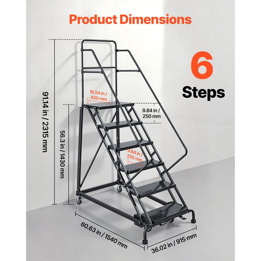 VEVOR 6-Step Rolling Warehouse Ladder, Industrial Alloy Steel Mobile Step Stair, with Handrails, Non-Slip Perforated Steps & Self-Locking Wheels, 450LBS Heavy Duty Platform Ladder for Garage Library