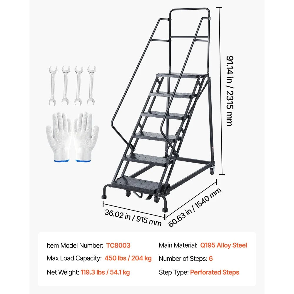 VEVOR 6-Step Rolling Warehouse Ladder, Industrial Alloy Steel Mobile Step Stair, with Handrails, Non-Slip Perforated Steps & Self-Locking Wheels, 450LBS Heavy Duty Platform Ladder for Garage Library