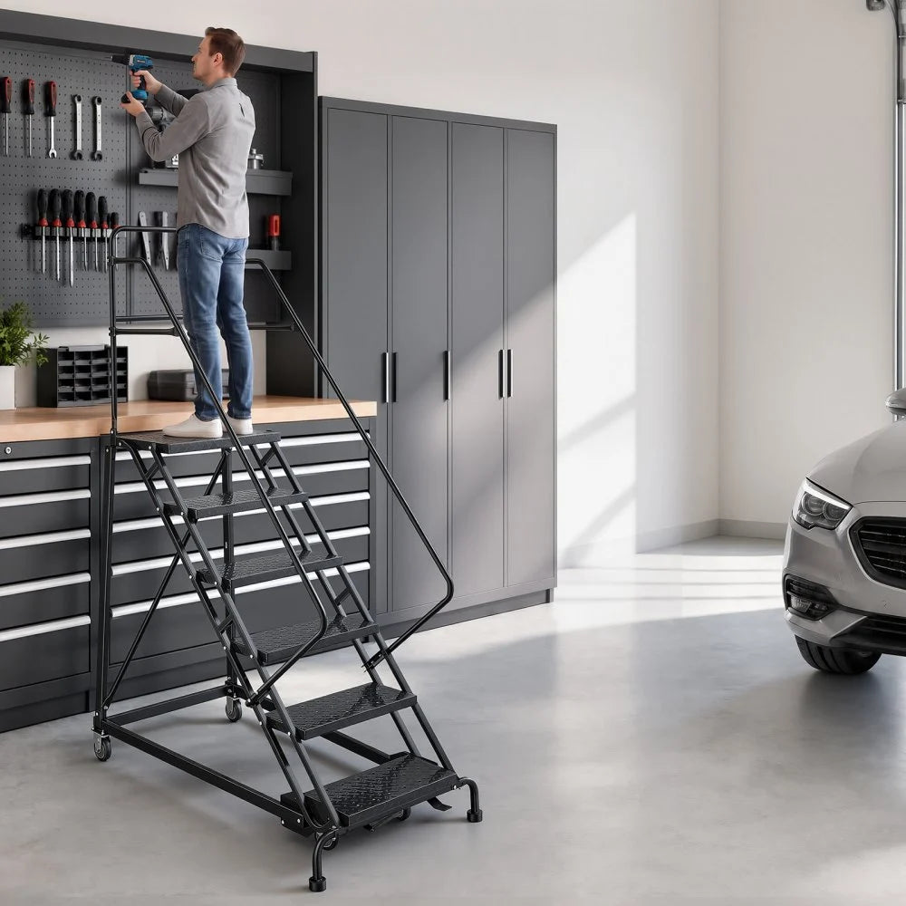 VEVOR 6-Step Rolling Warehouse Ladder, Industrial Alloy Steel Mobile Step Stair, with Handrails, Non-Slip Perforated Steps & Self-Locking Wheels, 450LBS Heavy Duty Platform Ladder for Garage Library