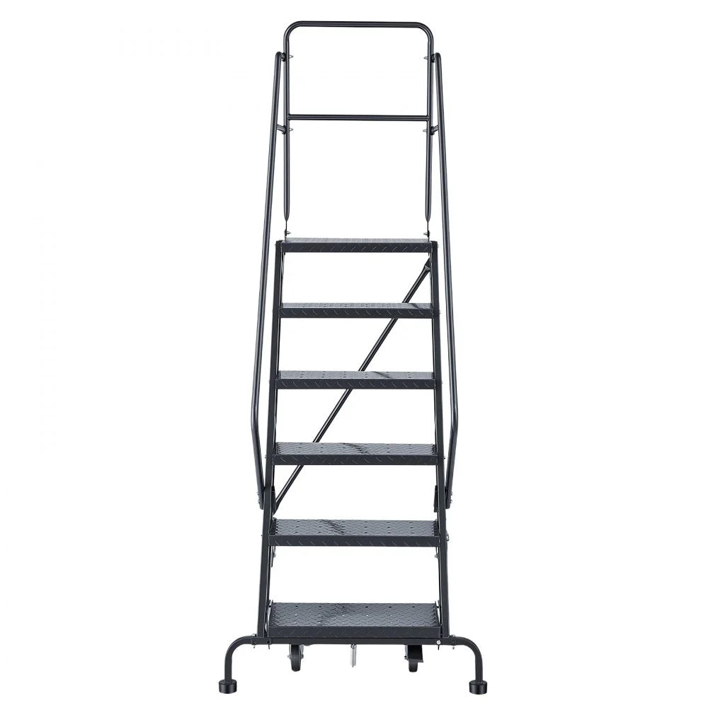 VEVOR 6-Step Rolling Warehouse Ladder, Industrial Alloy Steel Mobile Step Stair, with Handrails, Non-Slip Perforated Steps & Self-Locking Wheels, 450LBS Heavy Duty Platform Ladder for Garage Library