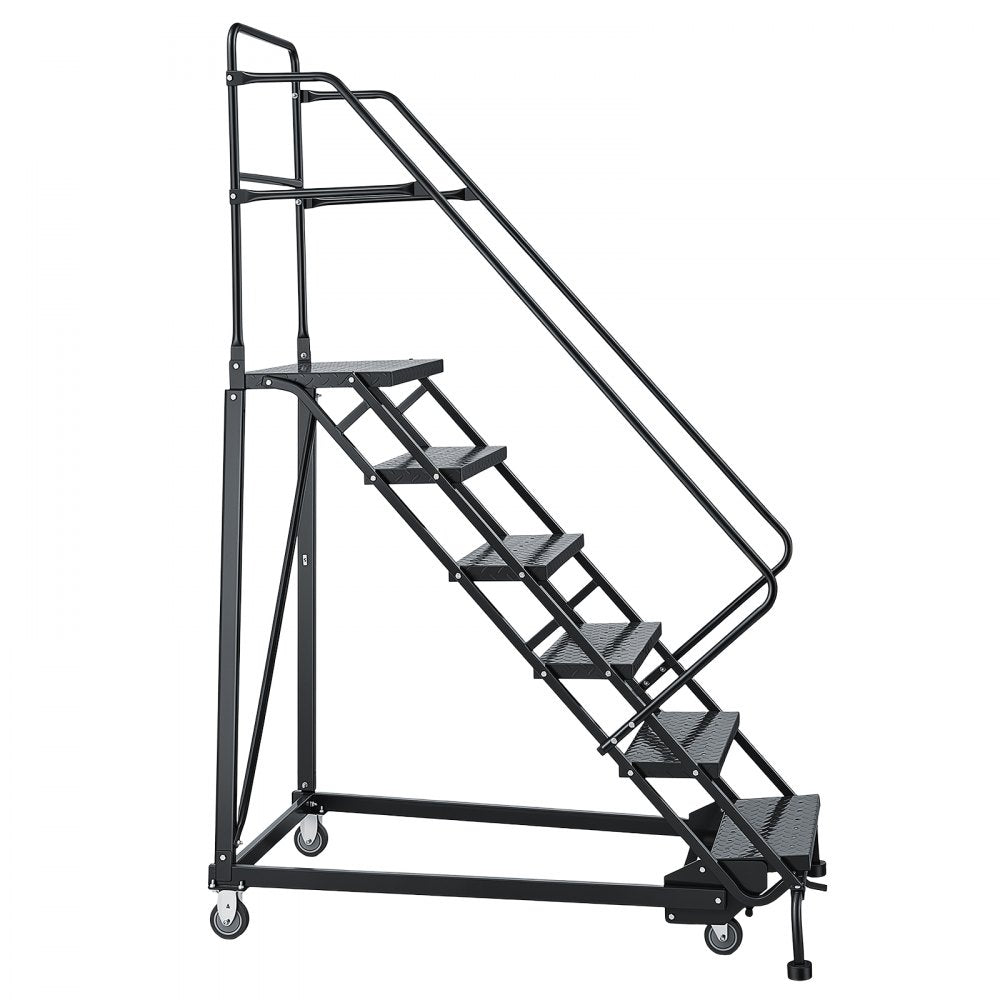 VEVOR 6-Step Rolling Warehouse Ladder, Industrial Alloy Steel Mobile Step Stair, with Handrails, Non-Slip Perforated Steps & Self-Locking Wheels, 450LBS Heavy Duty Platform Ladder for Garage Library