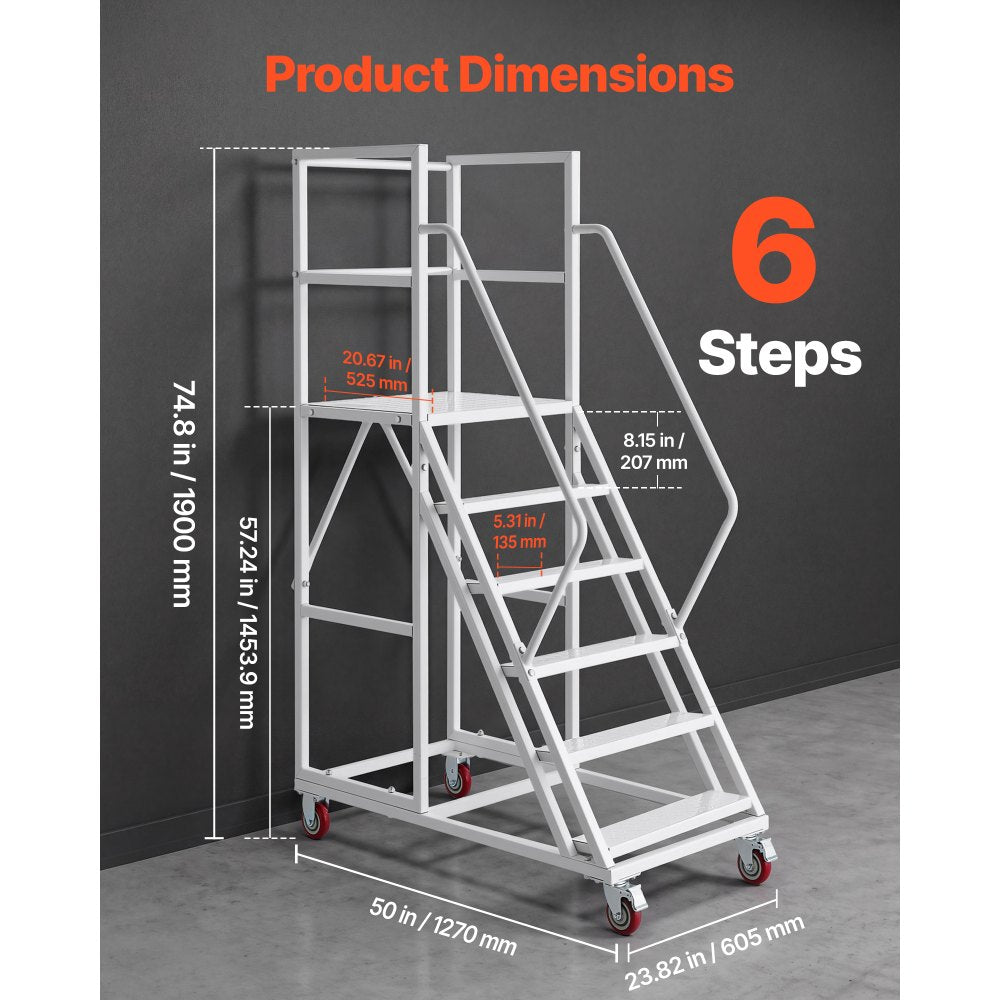 VEVOR 6-Step Rolling Warehouse Ladder, Industrial Alloy Steel Mobile Step Stair, with Handrails, Non-Slip Steps & Locking Wheels, 1100LBS Capacity Heavy Duty Platform Ladder for Garage Library Factory