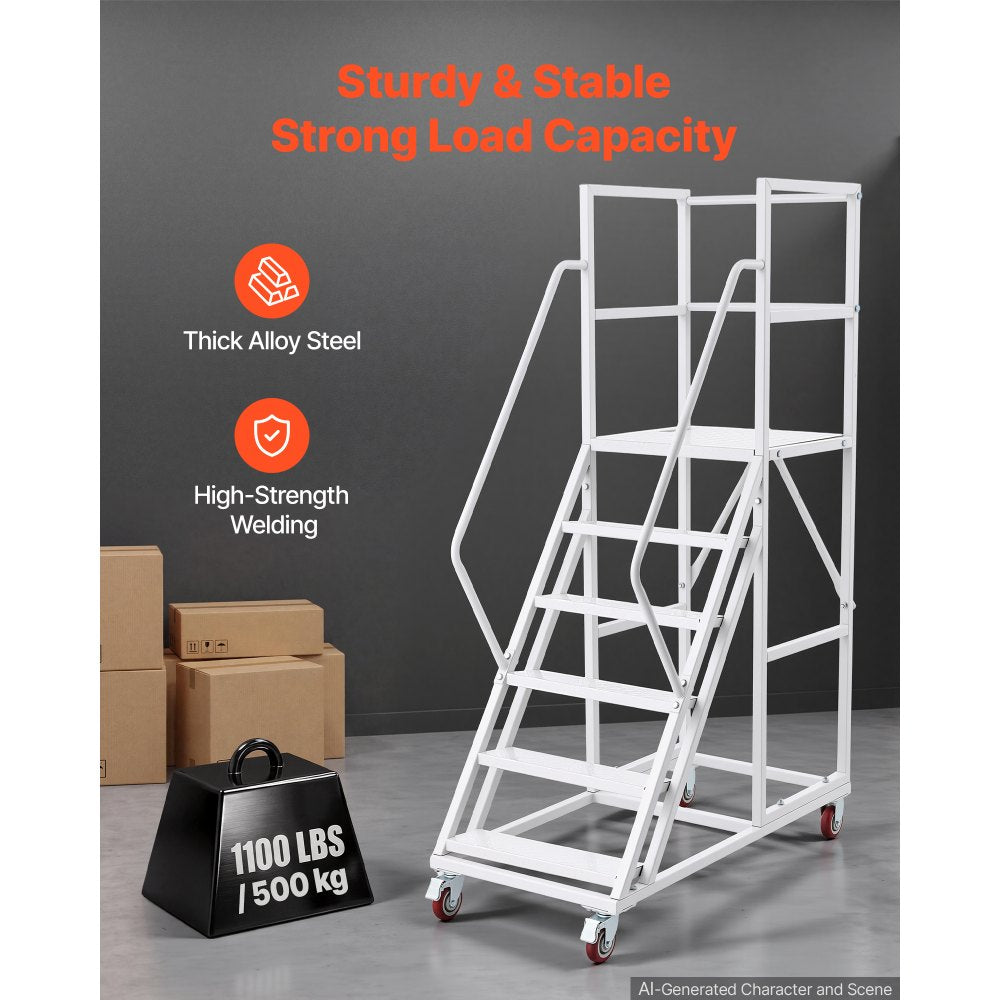 VEVOR 6-Step Rolling Warehouse Ladder, Industrial Alloy Steel Mobile Step Stair, with Handrails, Non-Slip Steps & Locking Wheels, 1100LBS Capacity Heavy Duty Platform Ladder for Garage Library Factory