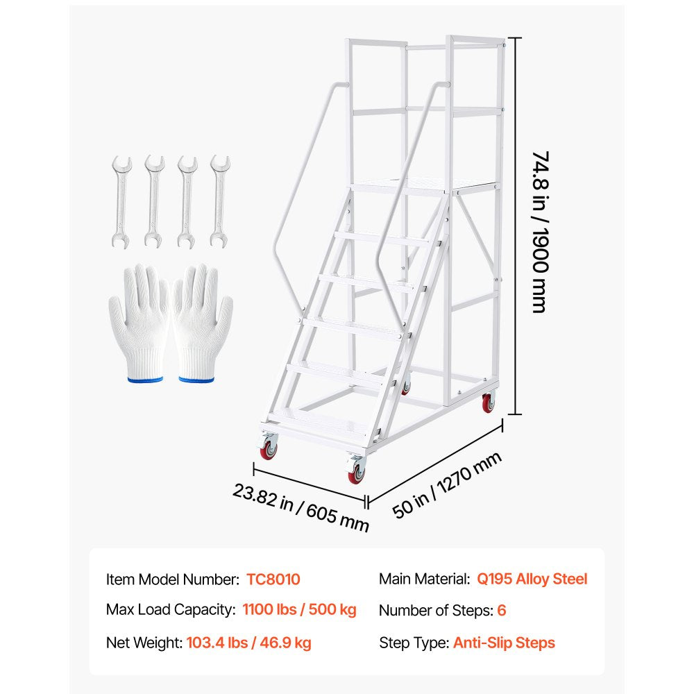 VEVOR 6-Step Rolling Warehouse Ladder, Industrial Alloy Steel Mobile Step Stair, with Handrails, Non-Slip Steps & Locking Wheels, 1100LBS Capacity Heavy Duty Platform Ladder for Garage Library Factory