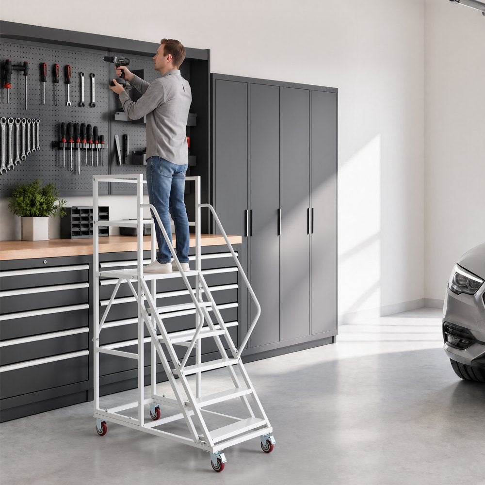 VEVOR 6-Step Rolling Warehouse Ladder, Industrial Alloy Steel Mobile Step Stair, with Handrails, Non-Slip Steps & Locking Wheels, 1100LBS Capacity Heavy Duty Platform Ladder for Garage Library Factory