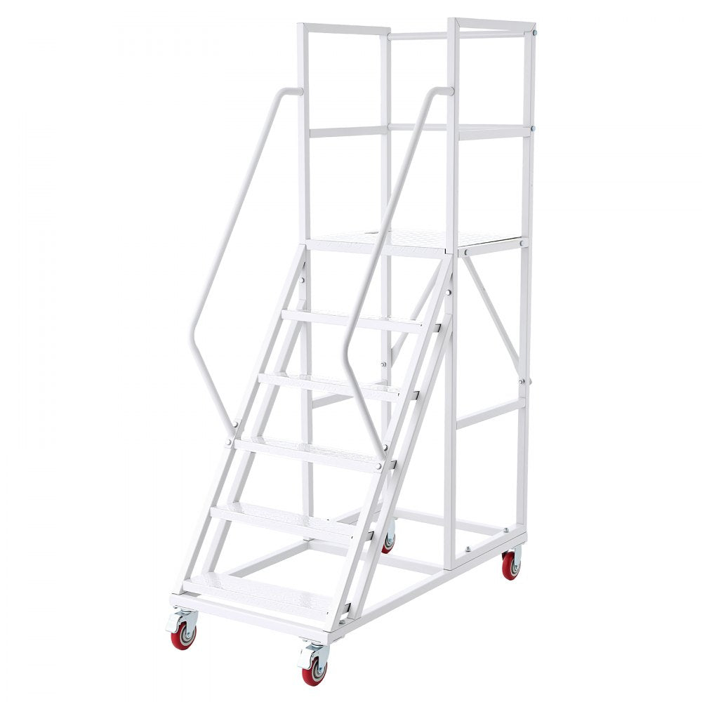 VEVOR 6-Step Rolling Warehouse Ladder, Industrial Alloy Steel Mobile Step Stair, with Handrails, Non-Slip Steps & Locking Wheels, 1100LBS Capacity Heavy Duty Platform Ladder for Garage Library Factory
