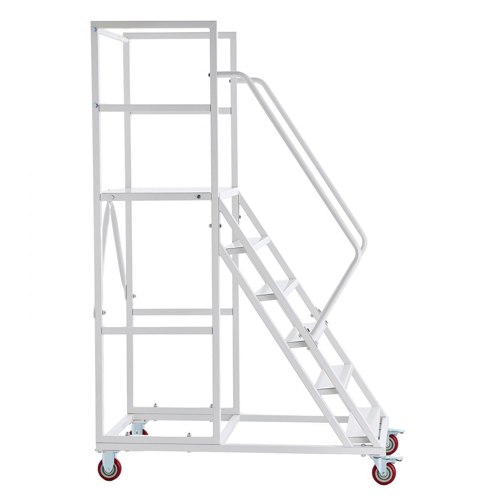 VEVOR 6-Step Rolling Warehouse Ladder, Industrial Alloy Steel Mobile Step Stair, with Handrails, Non-Slip Steps & Locking Wheels, 1100LBS Capacity Heavy Duty Platform Ladder for Garage Library Factory