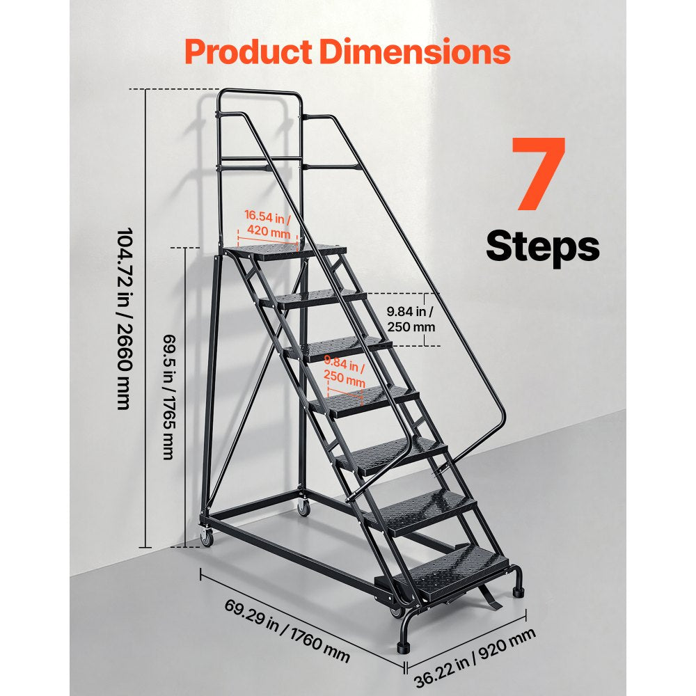 VEVOR 7-Step Rolling Warehouse Ladder, Industrial Alloy Steel Mobile Step Stair, with Handrails, Non-Slip Perforated Steps & Self-Locking Wheels, 450LBS Heavy Duty Platform Ladder for Garage Library