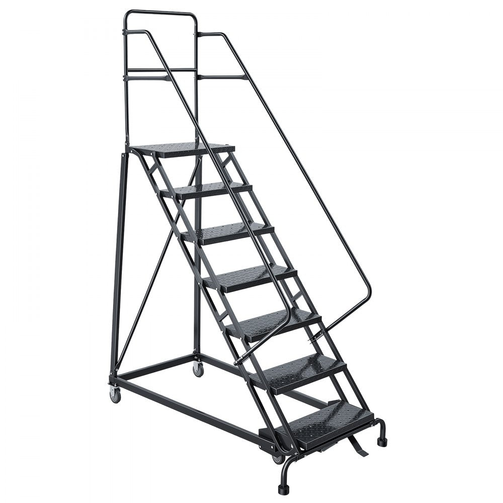 VEVOR 7-Step Rolling Warehouse Ladder, Industrial Alloy Steel Mobile Step Stair, with Handrails, Non-Slip Perforated Steps & Self-Locking Wheels, 450LBS Heavy Duty Platform Ladder for Garage Library