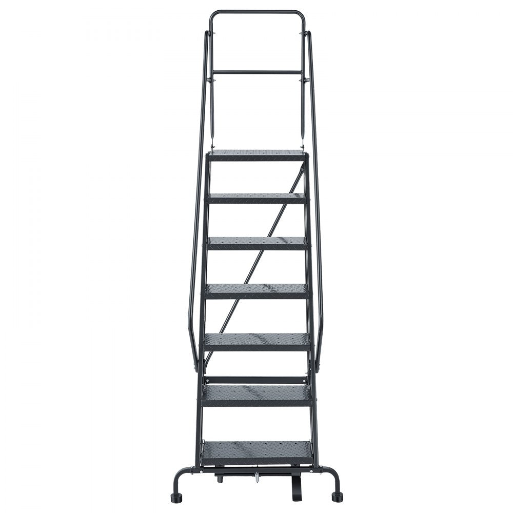 VEVOR 7-Step Rolling Warehouse Ladder, Industrial Alloy Steel Mobile Step Stair, with Handrails, Non-Slip Perforated Steps & Self-Locking Wheels, 450LBS Heavy Duty Platform Ladder for Garage Library