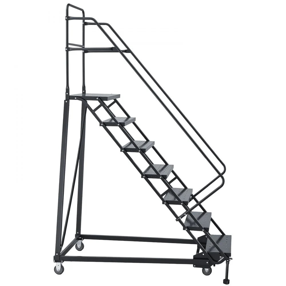 VEVOR 7-Step Rolling Warehouse Ladder, Industrial Alloy Steel Mobile Step Stair, with Handrails, Non-Slip Perforated Steps & Self-Locking Wheels, 450LBS Heavy Duty Platform Ladder for Garage Library