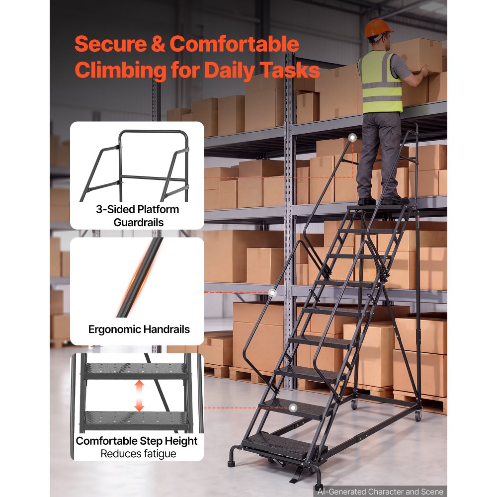 VEVOR 9-Step Rolling Warehouse Ladder, Industrial Alloy Steel Mobile Step Stair, with Handrails, Non-Slip Perforated Steps & Self-Locking Wheels, 450LBS Heavy Duty Platform Ladder for Garage Library