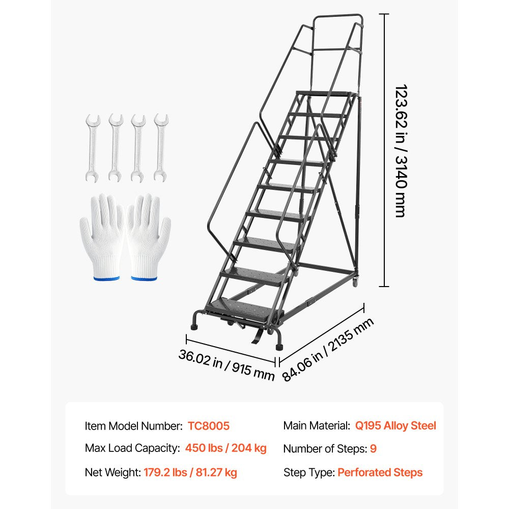 VEVOR 9-Step Rolling Warehouse Ladder, Industrial Alloy Steel Mobile Step Stair, with Handrails, Non-Slip Perforated Steps & Self-Locking Wheels, 450LBS Heavy Duty Platform Ladder for Garage Library