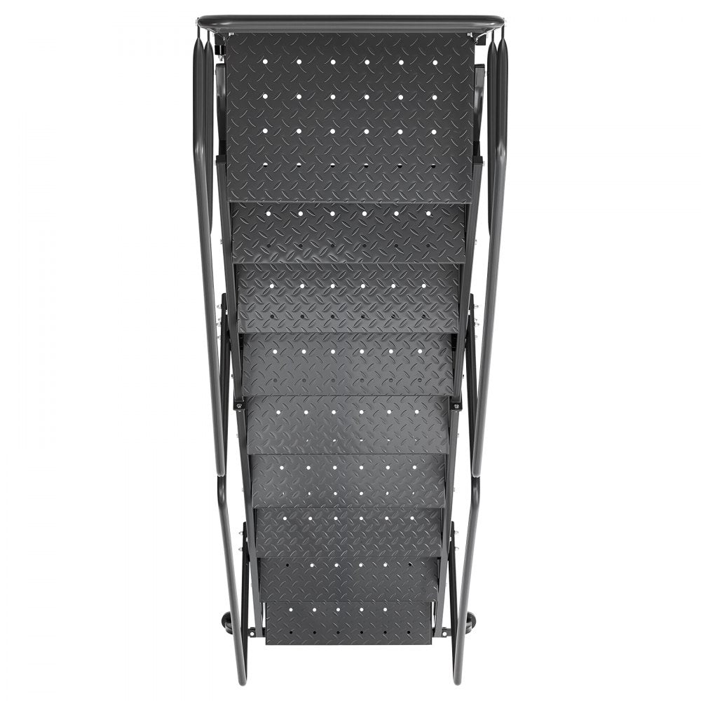 VEVOR 9-Step Rolling Warehouse Ladder, Industrial Alloy Steel Mobile Step Stair, with Handrails, Non-Slip Perforated Steps & Self-Locking Wheels, 450LBS Heavy Duty Platform Ladder for Garage Library