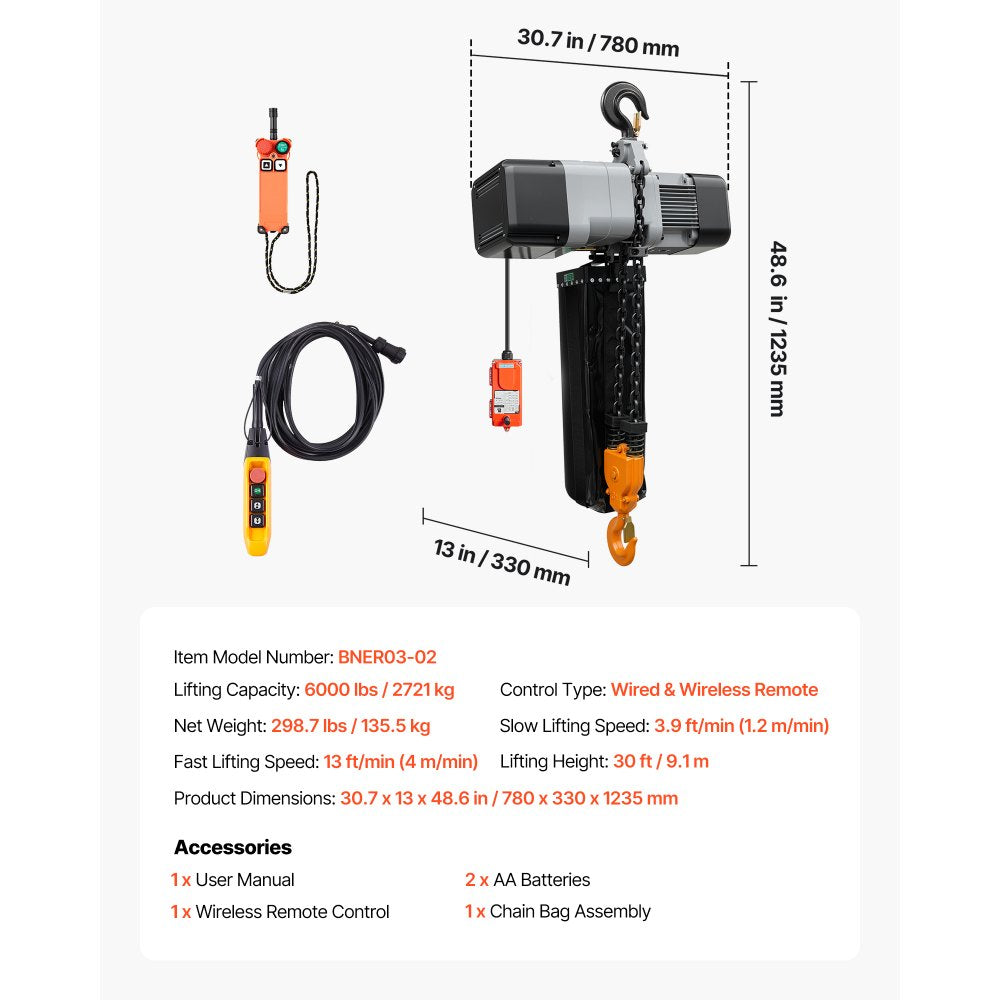 VEVOR 6000 lbs Electric Chain Hoist 30 ft Lift Three-Phase Overhead Crane, Double G100 Chain with 328 ft Wireless & 27 ft Wired Remote Control, 208-240V/440-480V, for Factories, Warehouses, Garages