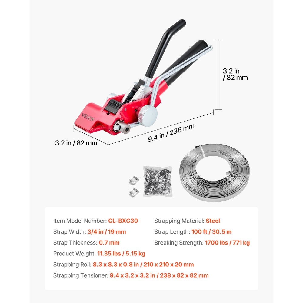 VEVOR Steel Banding Strapping Kit, Heavy Duty Banding Sealer Tool with 100 ft Binding Straps, 100 Metal Clasps, Manual Pallet Packaging Strapping Kit for Warehouse, Transportation, Industrial Bundling