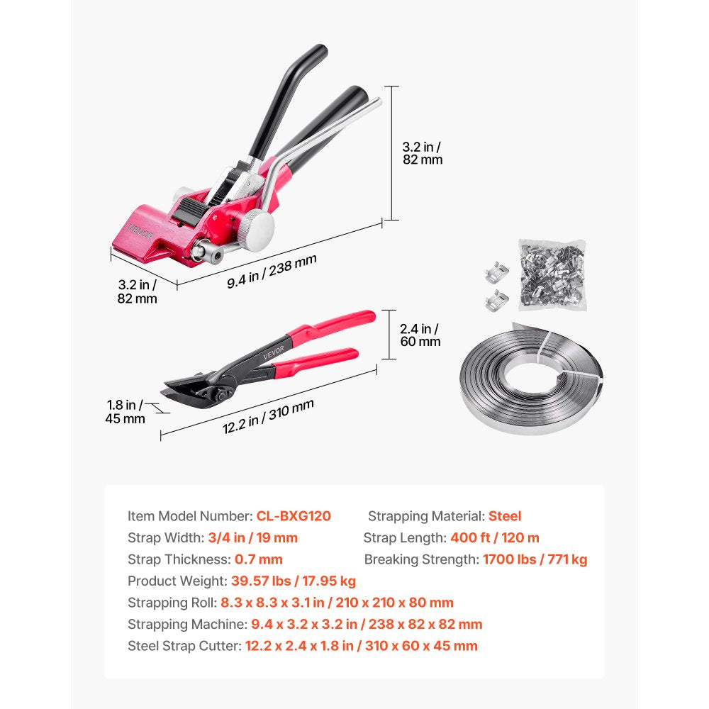 VEVOR Steel Banding Strapping Kit, Heavy Duty Banding Sealer Tool with 400 ft Binding Straps, 400 Metal Clasps, Manual Pallet Packaging Strapping Kit for Warehouse, Transportation, Industrial Bundling