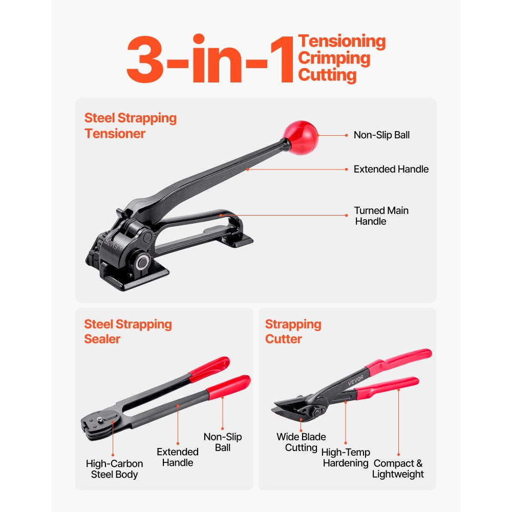 VEVOR Steel Banding Strapping Kit, Heavy Duty Banding Sealer Tool with 600 ft Binding Straps, 300 Metal Seals, Manual Pallet Packaging Strapping Kit for Warehouse, Transportation, Industrial Bundling