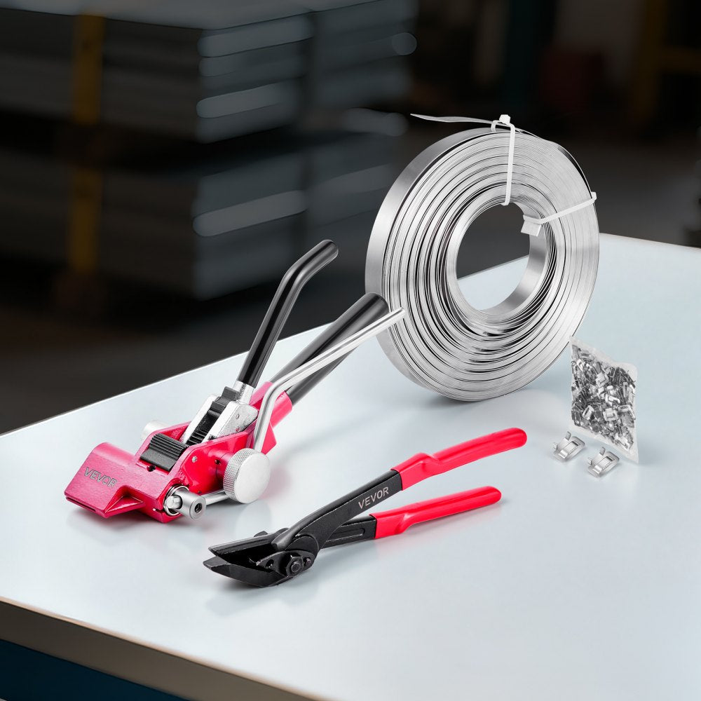 VEVOR Steel Banding Strapping Kit, Heavy Duty Banding Sealer Tool with 200 ft Binding Straps, 200 Metal Clasps, Manual Pallet Packaging Strapping Kit for Warehouse, Transportation, Industrial Bundling