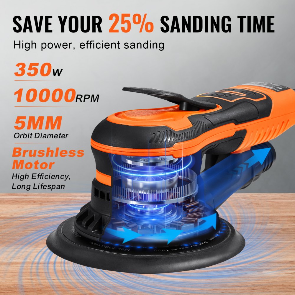 VEVOR Random Orbital Sander 6-Inch, 350W Brushless Orbital Sander, 10,000 PRM 6 Variable Speed Electric Palm Sander with 10PCS Sandpapers, Dust Connector & Hose for Woodworking Detailing Sanding