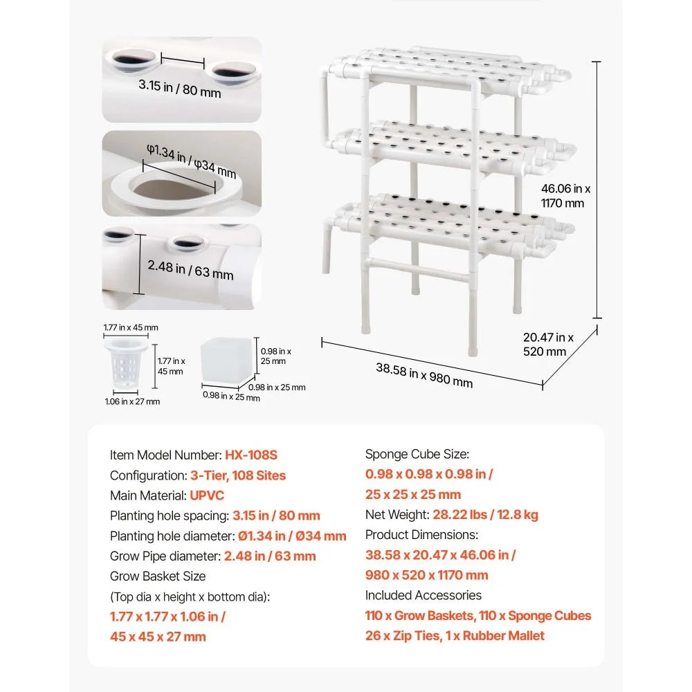 VEVOR Hydroponics Growing System Kit, 3-Tier 108 Sites UPVC Pipe Hydroponic Grow Kit with Timed Irrigation, Sun & Light Blocking Pipes, Indoor Home Garden Vegetable Planting Grow Kits for Fruit Herb