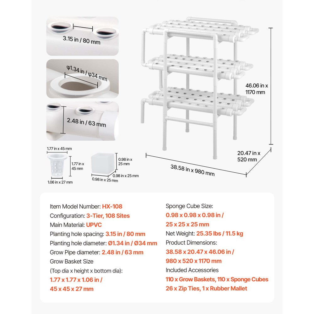 VEVOR Hydroponics Growing System Kit, 3-Tier 108 Sites UPVC Pipe Hydroponic Grow Kit with Timed Irrigation, Thickened Hydroponic Pipes, Indoor Home Garden Vegetable Planting Grow Kits for Fruit Herb