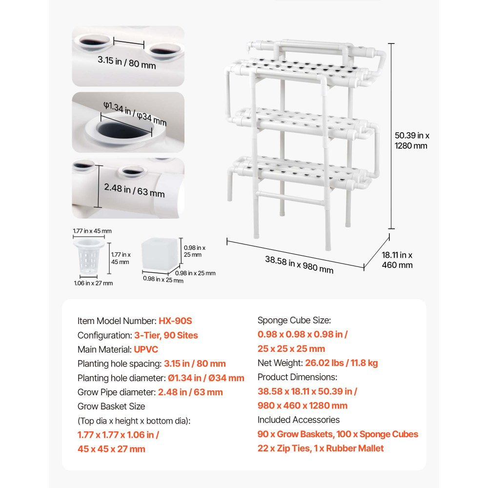 VEVOR Hydroponics Growing System Kit, 3-Tier 90 Sites UPVC Pipe Hydroponic Grow Kit with Timed Irrigation, Sun & Light Blocking Pipes, Indoor Home Garden Vegetable Planting Grow Kits for Fruit Herb