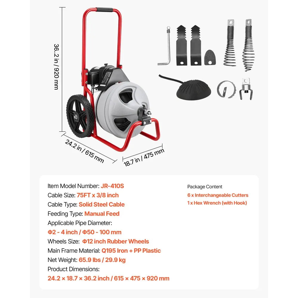 VEVOR Drain Cleaner Machine 75 FT x 3/8 Inch, Sewer Snake Auger Manual Feed on Wheels, Portable Drain Cleaning Machine with 6 Cutters & Air-activated Foot Switch for 2" to 4" Pipes