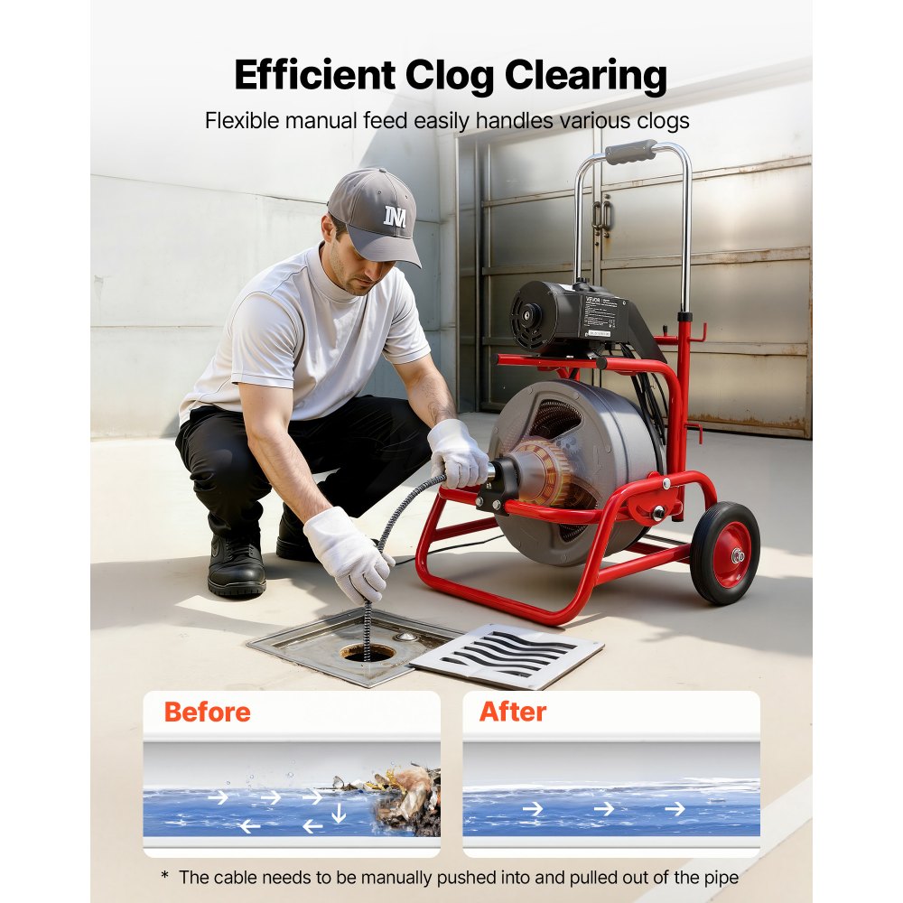 VEVOR Drain Cleaner Machine 75 FT x 3/8 Inch, Sewer Snake Auger on Wheels, Manual Feed Drain Cleaning Machine with Adjustable Drum Angle, 6 Cutters & Air-activated Foot Switch for 2" to 4" Pipes