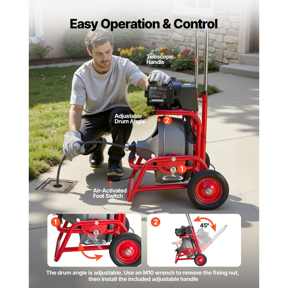 VEVOR Drain Cleaner Machine 75 FT x 3/8 Inch, Sewer Snake Auger on Wheels, Manual Feed Drain Cleaning Machine with Adjustable Drum Angle, 6 Cutters & Air-activated Foot Switch for 2" to 4" Pipes