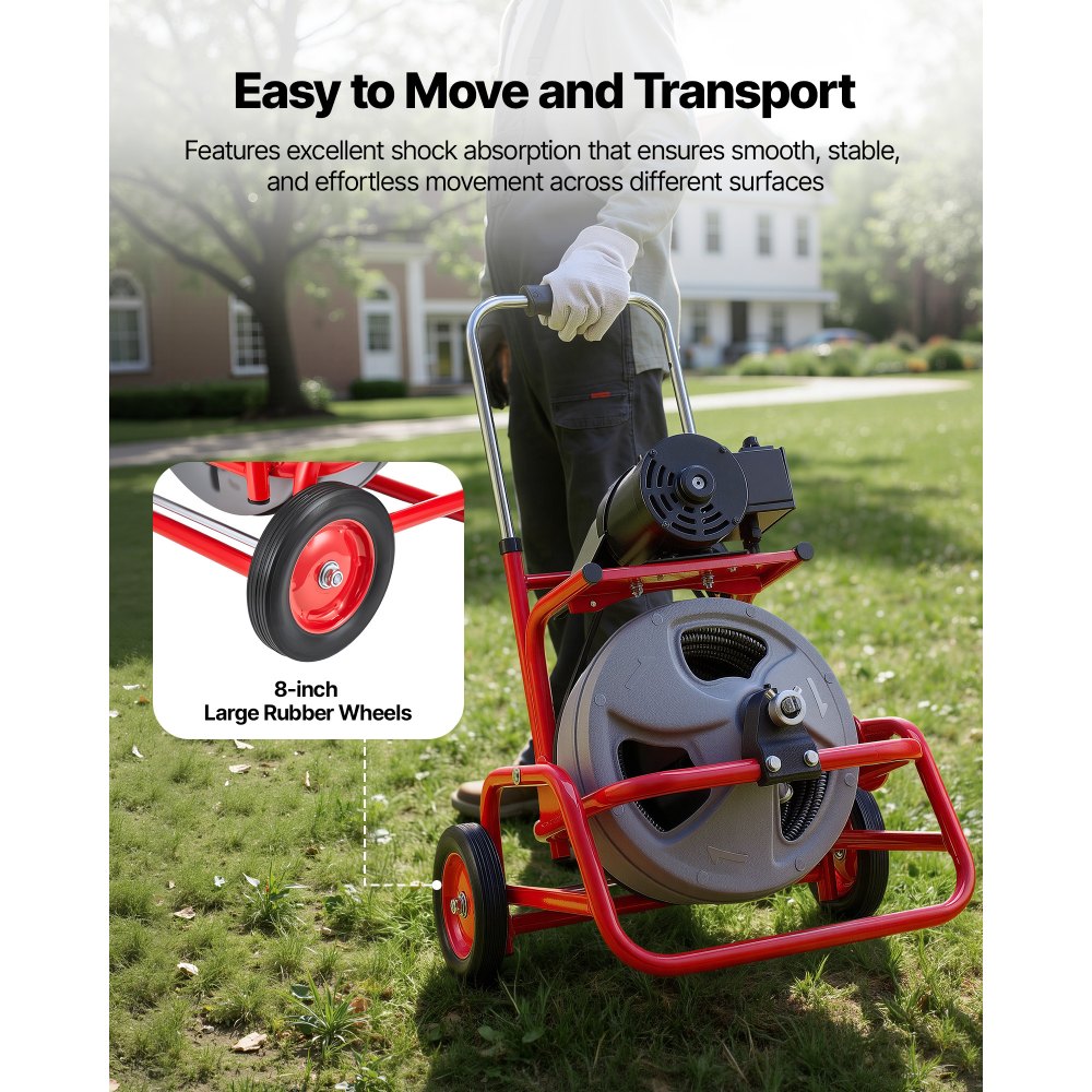 VEVOR Drain Cleaner Machine 75 FT x 3/8 Inch, Sewer Snake Auger on Wheels, Manual Feed Drain Cleaning Machine with Adjustable Drum Angle, 6 Cutters & Air-activated Foot Switch for 2" to 4" Pipes
