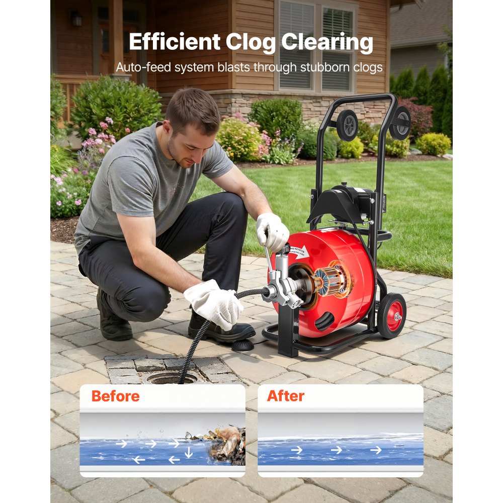 VEVOR Drain Cleaner Machine 100 FT x 3/4 Inch, Auto Feed Sewer Snake Auger, Portable Drain Cleaning Machine with Multi-Wheel Combination, 6 Cutters & Air-Activated Foot Switch for 4" to 8" Pipes