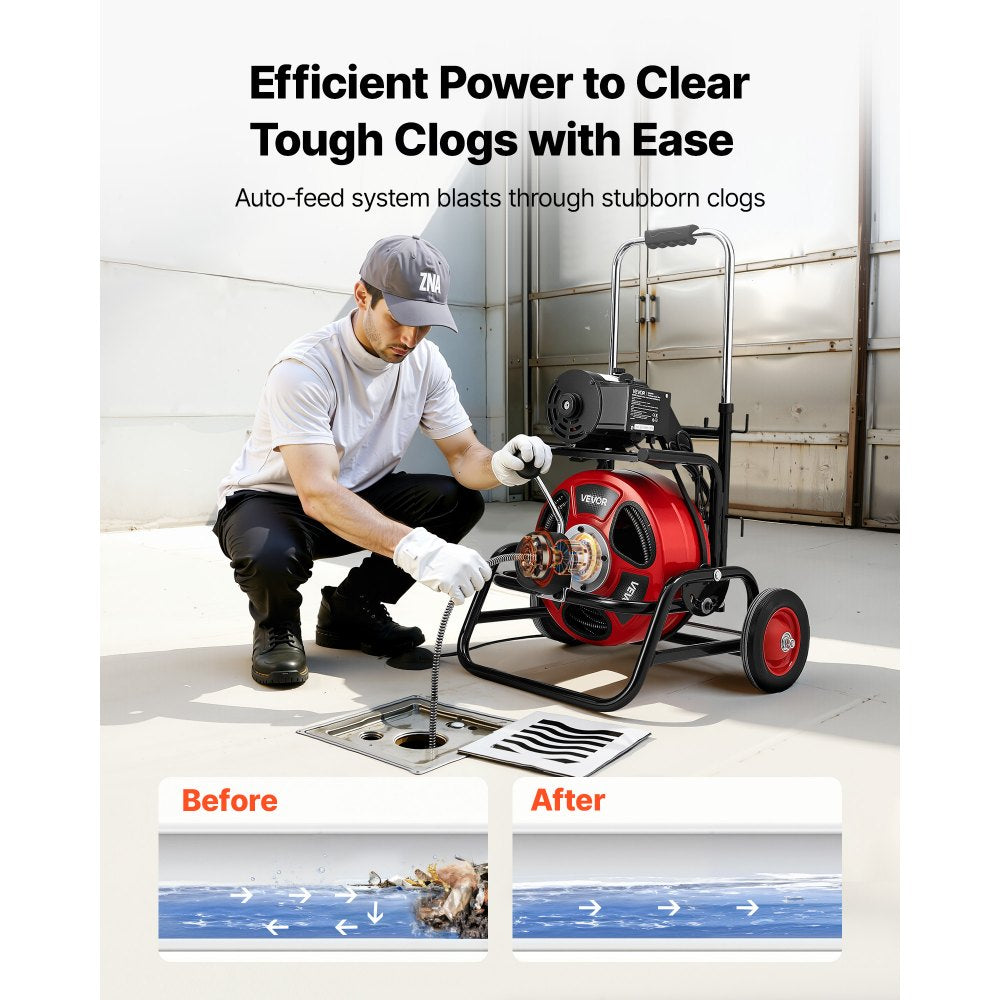 VEVOR Drain Cleaner Machine 100 FT x 3/8 Inch, Auto Feed Sewer Snake Auger, Portable Drain Cleaning Machine with Climbing Wheels, Adjustable Drum, 8 Cutters & Foot Switch for 2" to 4" Pipes