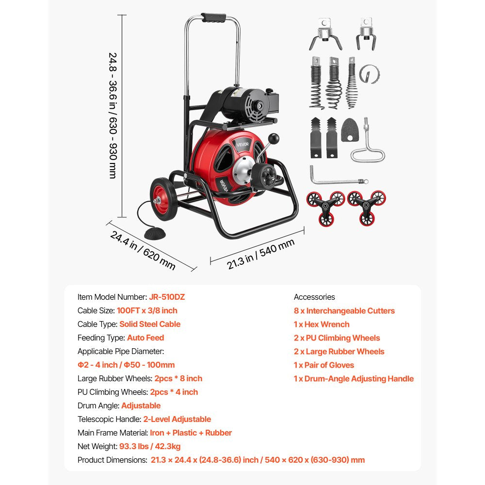 VEVOR Drain Cleaner Machine 100 FT x 3/8 Inch, Auto Feed Sewer Snake Auger, Portable Drain Cleaning Machine with Climbing Wheels, Adjustable Drum, 8 Cutters & Foot Switch for 2" to 4" Pipes